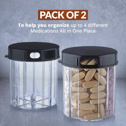 Round Pill Organizer Dispenser - Pack of 2 - Pill Boxes with 4 Compartments for Medication, Vitamins & Supplements Bottle Daily Pill Case Reminder Box, (Black and Clear)