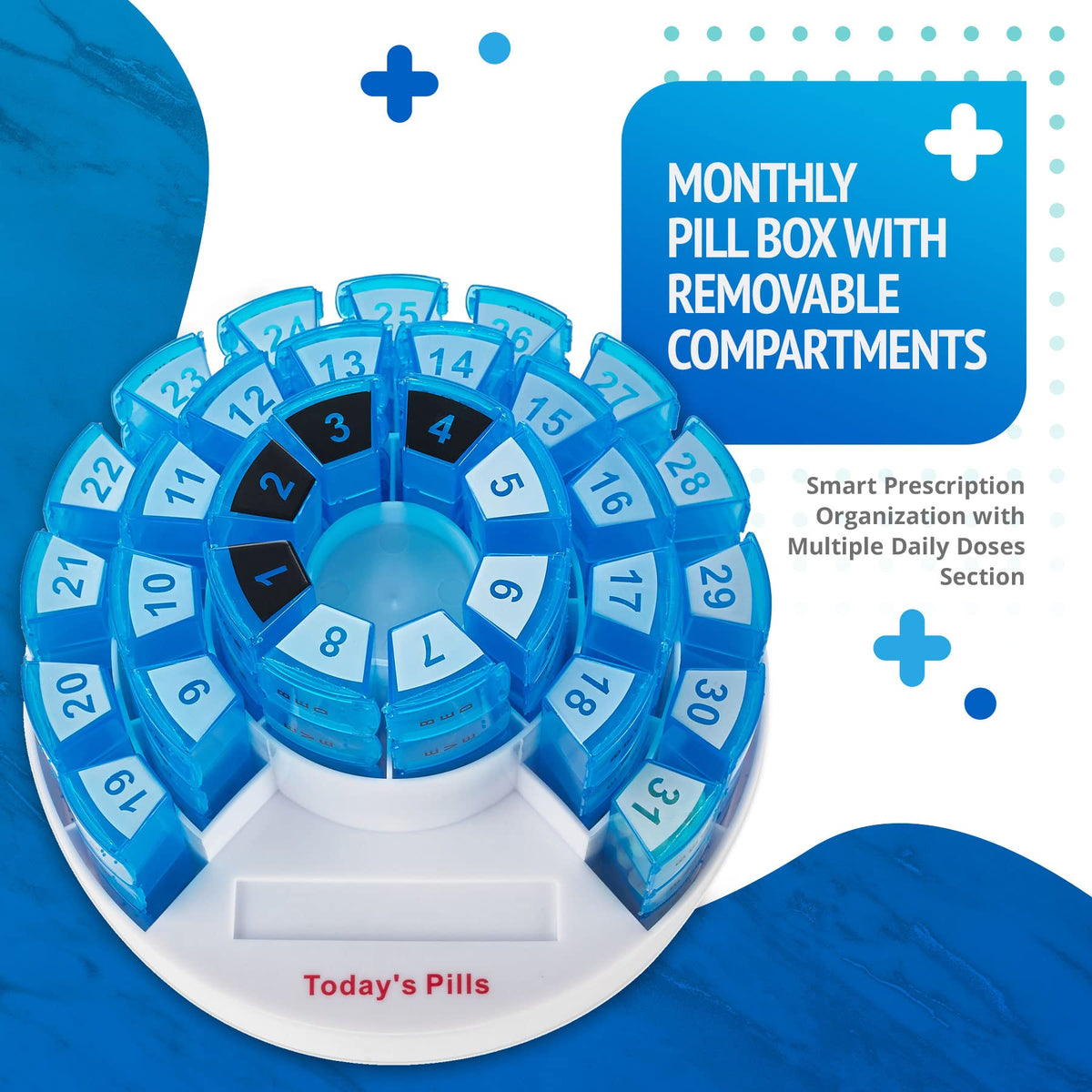 Monthly Pill Box by - Smart Prescription Organization with Multiple Daily Doses Section, Removable Compartments Perfect for Travelling
