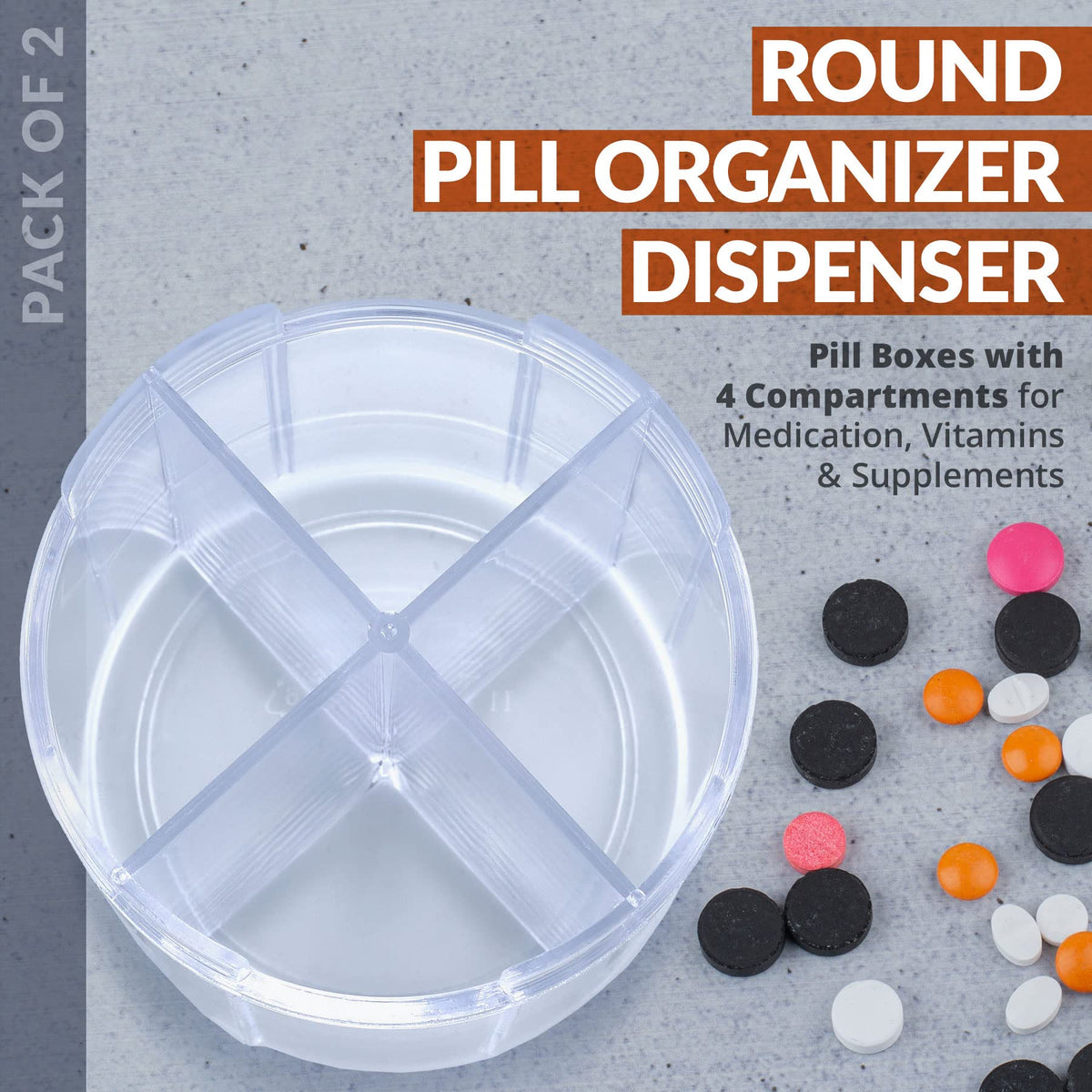 Round Pill Organizer Dispenser - Pack of 2 - Pill Boxes with 4 Compartments for Medication, Vitamins & Supplements Bottle Daily Pill Case Reminder Box, (Black and Clear)