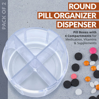 Round Pill Organizer Dispenser - Pack of 2 - Pill Boxes with 4 Compartments for Medication, Vitamins & Supplements Bottle Daily Pill Case Reminder Box, (Black and Clear)