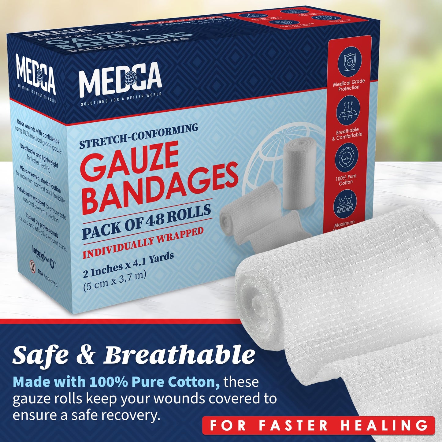 Gauze Bandage Rolls - (48 Pack) 2 in x 4.1 Yards Per Roll of Medical Grade Gauze Bandage and Stretch Wrapping for Dressing All Types of Wounds and First Aid Kit by, (2-Inch, 48 Pcs)