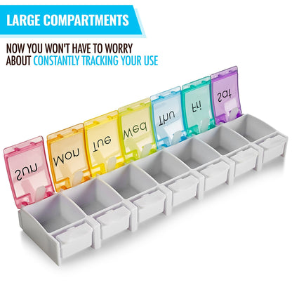 7 Day Pill Organizer - with Push Button Assisted Open a Daily Travel Pill Box Case Planner and Large Compartments for Medication Vitamins Fish Oil & Supplements, BPA Free