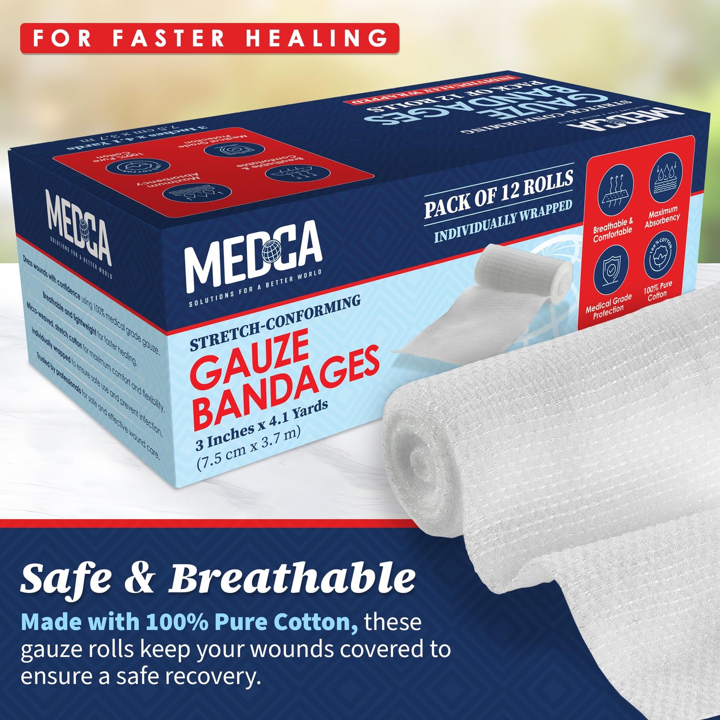 Gauze Bandage Rolls - (12 Pack) 3 in x 4.1 Yards Per Roll of Medical Grade Gauze Bandage and Stretch Bandage Wrapping for Dressing All Types of Wounds and First Aid Kit by, (3-Inch, 12 Pcs)