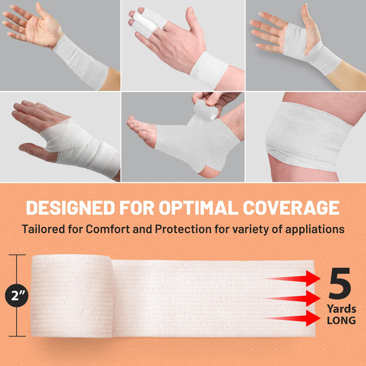 6 Pack, Self Adherent Cohesive Tape - 2” x 5 Yards, Self Adhesive Bandage Rolls & Sports Athletic Wrap for Ankle, Wrist, Knee Sprains and Swelling, Vet Wraps in White Color