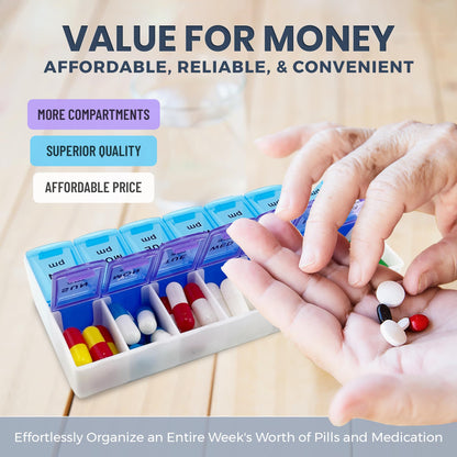 Pill Organizers - Small Pill Organizer with Weekly and Daily 2-Times-A-Day Compartments for AM / PM - BPA-Free, Portable and Travel Friendly Pill Boxes Case