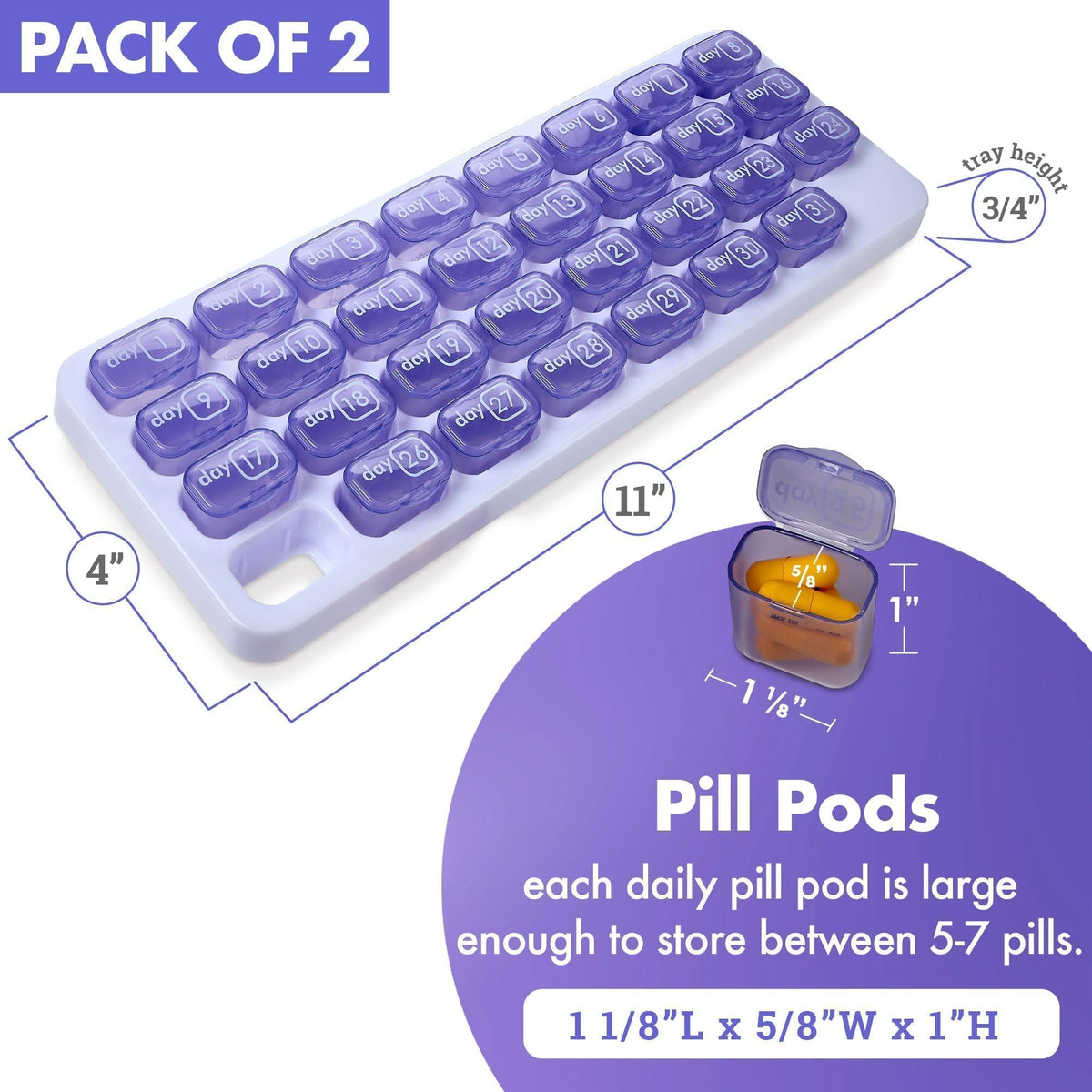 Monthly Pill Organizer - 31 Day Pill Organizer with Large Removable Medication Pods, Portable Pill Case Box and Holder for Daily Medicine and Vitamins for Travel, Purple