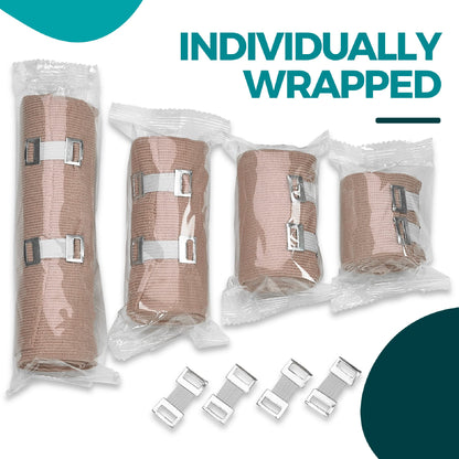 Elastic Compression Bandage Wrap - First Aid Bandages Roll Measures 2", 3", 4", 6" x 5 Ft with 4 Extra Hooks | Athletic Sports Stretch Wraps for Ankle, Wrist, Arm & Leg Sprains (Pack of 4)