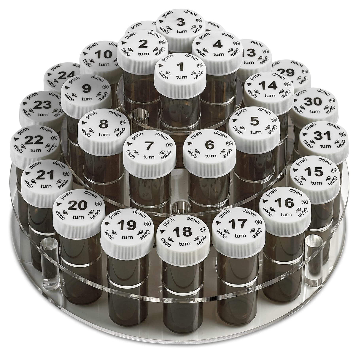 Monthly Pill Bottle Organizer Caddy - 31 Numbered Full-Size Pill Bottles w Child-Proof Lids for Each Day of the Month- C
