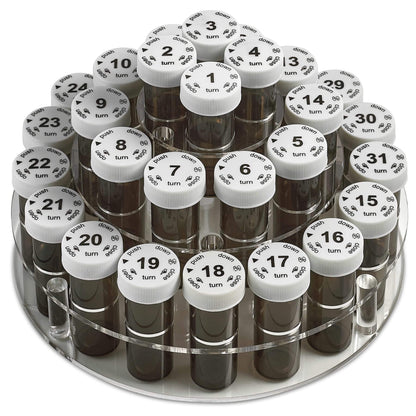 Monthly Pill Bottle Organizer Caddy - 31 Numbered Full-Size Pill Bottles w Child-Proof Lids for Each Day of the Month- C