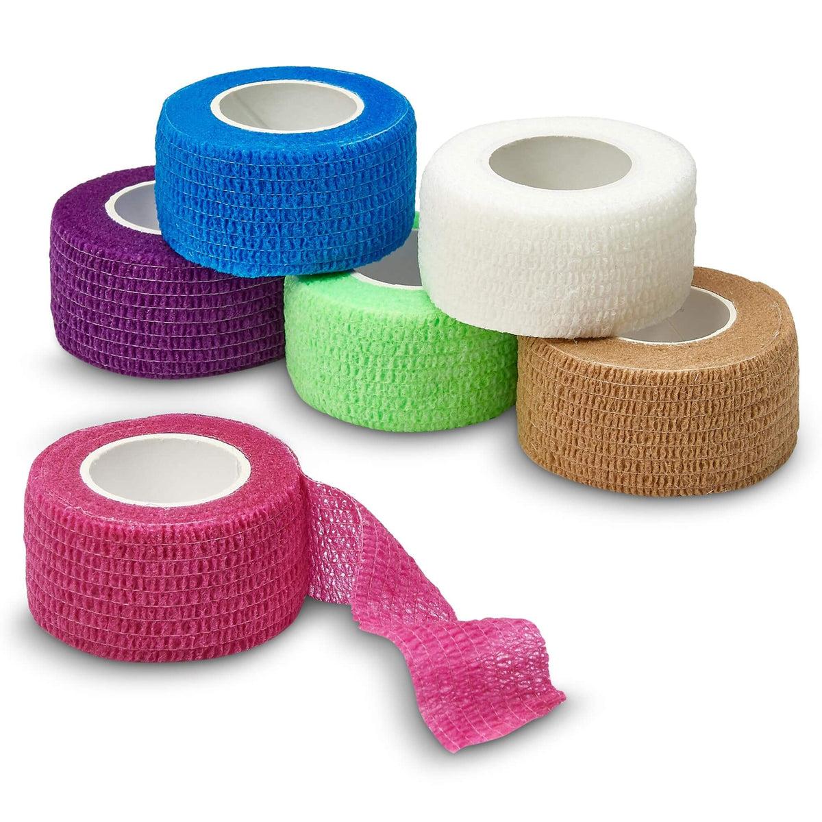 Self Adherent Cohesive Wrap Bandages - (Pack of 6 Rolls) 1 Inch X 5 Yards with Strong Elastic and Colorful First Aid Tap