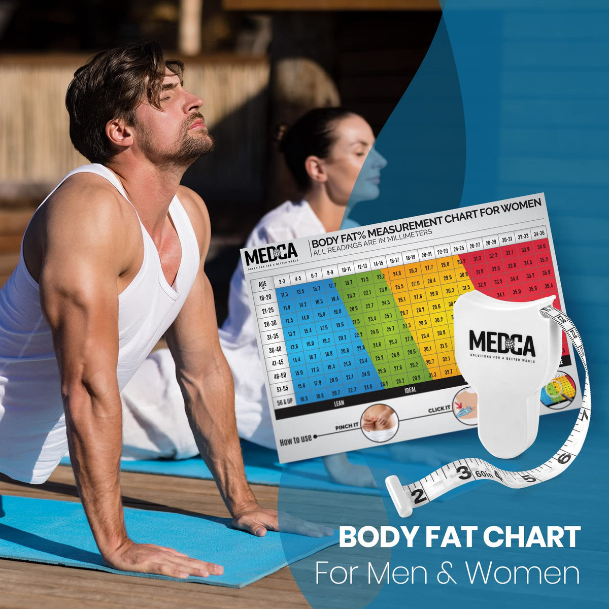 Pro Skinfold Caliper and Body Measurement Tape - Precision Body Fat Tool Plus BMI Chart - Accurately Measure and Gauge Body Fat Help Track Weight Loss, Achieve Fitness Goals for Men and Women, White