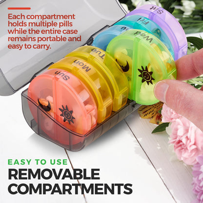 Weekly Pill Organizer - 2 Times-A-Day Compartments - 7 Day AM/PM Pill Container - Portable, Durable and Convenient Travel Pills Case for Tablets, Fish Oils, Vitamins and Supplements, Rainbow, 1 Pack