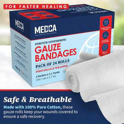 Gauze Bandage Rolls - (24 Pack) 4 in x 4.1 Yards Per Roll of Medical Grade Gauze Bandage and Stretch Bandage Wrapping for Dressing All Types of Wounds and First Aid Kit by, (4-Inch, 24 Pcs)