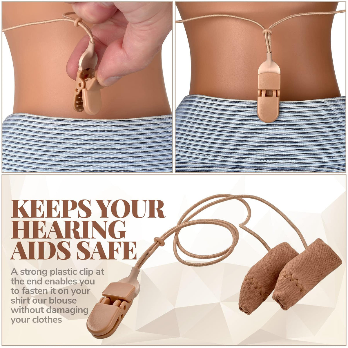 Hearing Aid Protectors and Clip - Corded Fabric Cover with Clasp Protects from Dirt Dust Sweat & Moisture Reduces Wind Noise & Prevents Loss Fits Most (1-Inch, 1.25-Inch, 2-Inch) BTE Devices