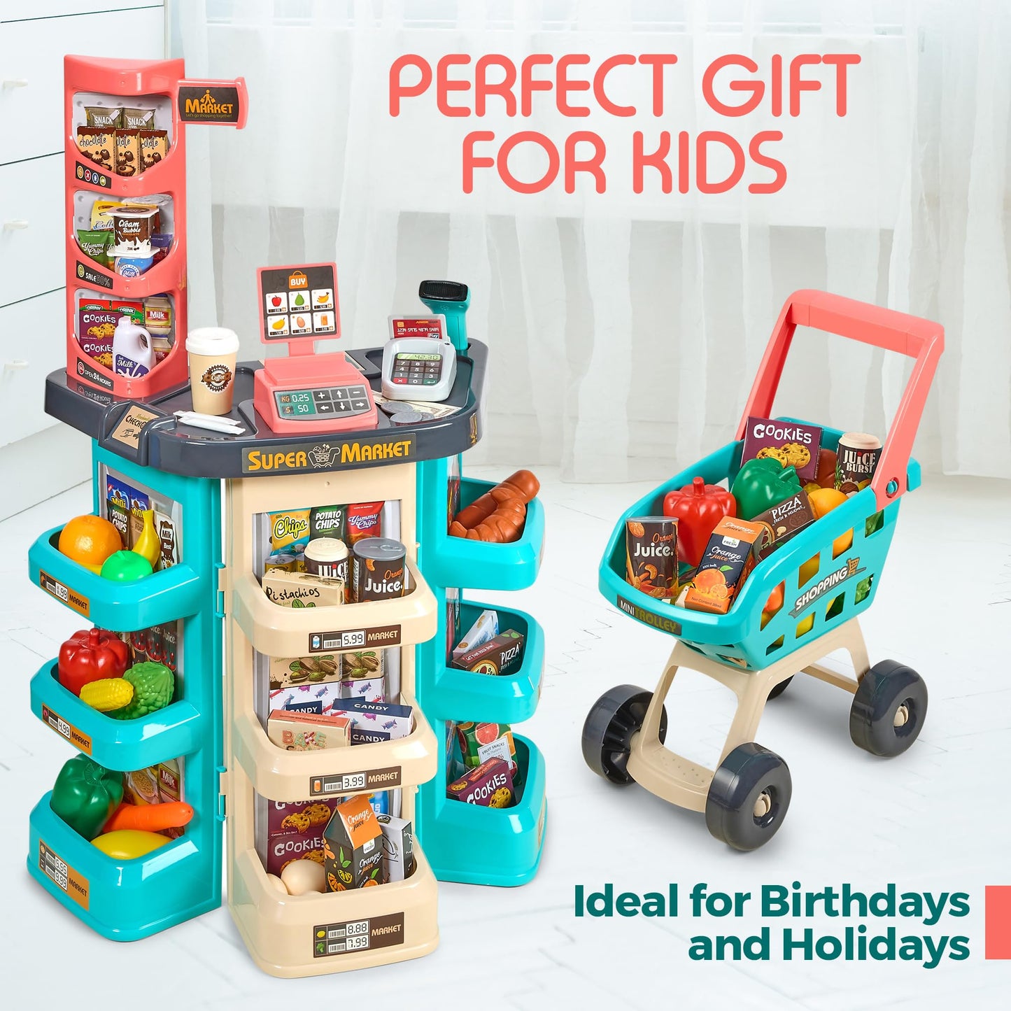 Kids Play Supermarket Set with Scanner - Pretend Play Grocery Shop Set - 47 Piece Complete Playset with Cash Register Credit Card Machine Scanner Shop Trolley and Food Gift for Boys and Girls