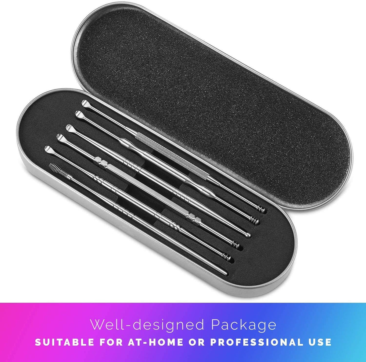 Ear Wax Removal Kit - 6 Piece Ear Cleansing Tool Set, Stainless Steel Ear Curette Earwax Removal Kit for Thorough Ear Cleaner with Spiral Spring Cleaner Pick Unclogger with Storage Case