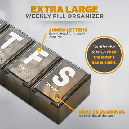 Weekly Pill Organizer - Extra Large with Easy to Read Jumbo Letters Vitamin Container, BPA Free - Daily Travel 7 Day Medication Pill Box Case, (Black)