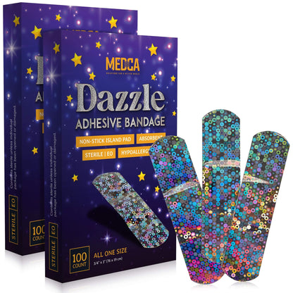 Glitter Bandages for Kids -(200 Count Box) Adhesive Bandage Strips w/Colorful Glitter Design & Latex-Free Individually W