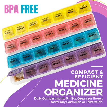 Monthly Pill Organizers - (Pack of 2) 28 Day Monthly Pill Planners to Separate Pills & Vitamins Week to Week, Travel Medication Reminder Daily Monday to Sunday Compartments