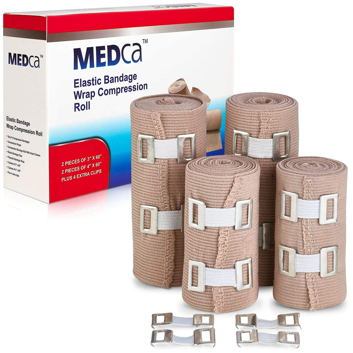 Elastic Compression Bandage Wrap - Premium Quality (Set of 4) w/ Hooks, Athletic Sport Support Tape Rolls for Ankle, Wri