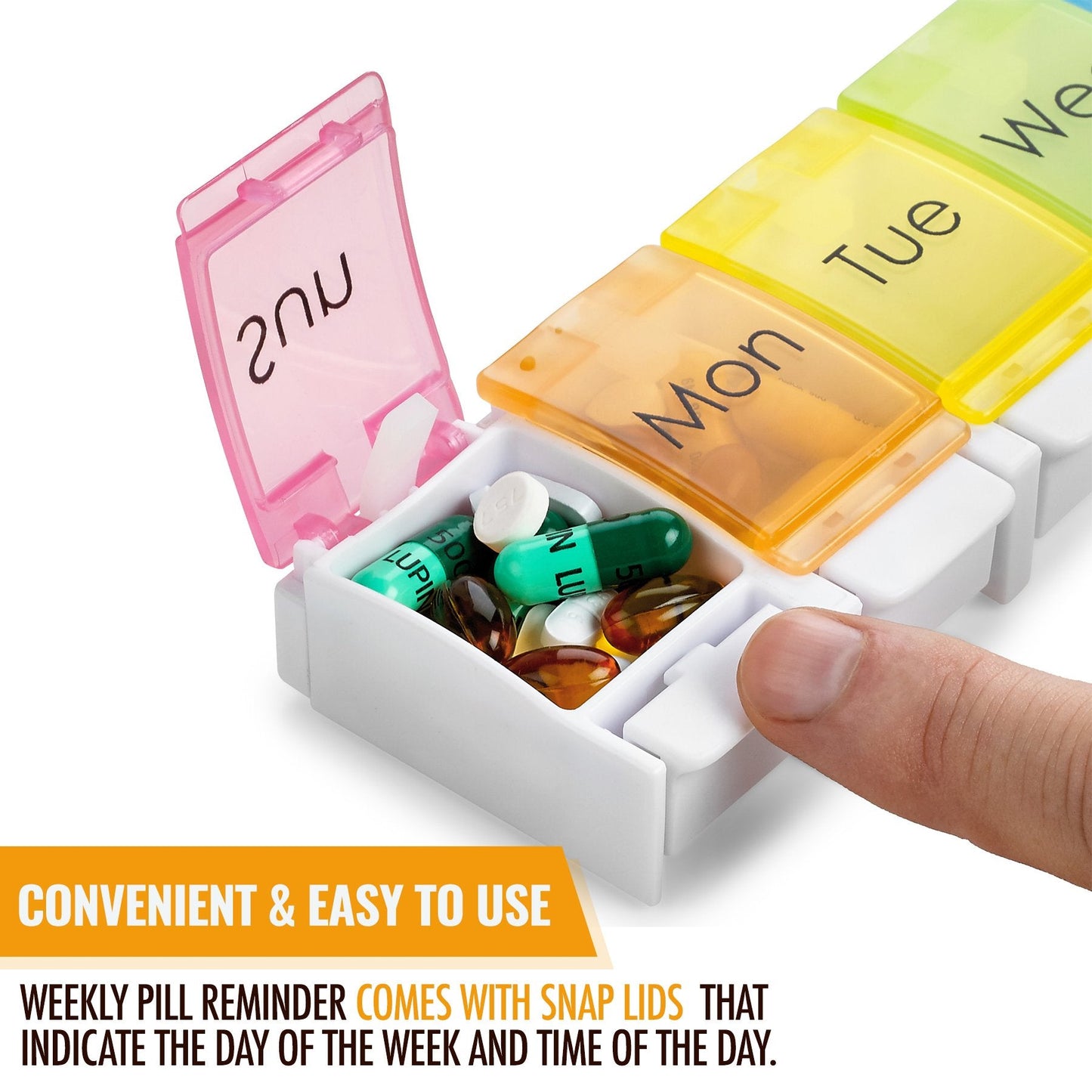 7 Day Pill Organizer - with Push Button Assisted Open a Daily Travel Pill Box Case Planner and Large Compartments for Medication Vitamins Fish Oil & Supplements, BPA Free