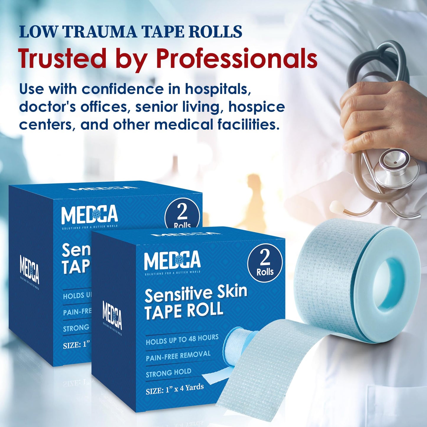 Sensitive Skin Low Trauma Tape Rolls - 1 Inch x 4 Yards Blue Tape First Aid Rolls, Minimal Hair Pulling for Wounds, Lash Tape for Eyelash Extensions, (Pack of 4)