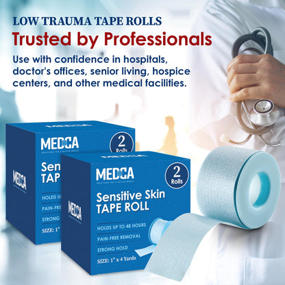 Sensitive Skin Low Trauma Tape Rolls - 1 Inch x 4 Yards Blue Tape First Aid Rolls, Minimal Hair Pulling for Wounds, Lash Tape for Eyelash Extensions, (Pack of 4)