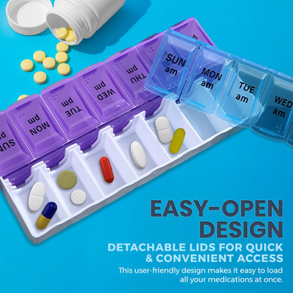Pill Organizers - Small Pill Organizer with Weekly and Daily 2-Times-A-Day Compartments for AM / PM - BPA-Free, Portable and Travel Friendly Pill Boxes Case