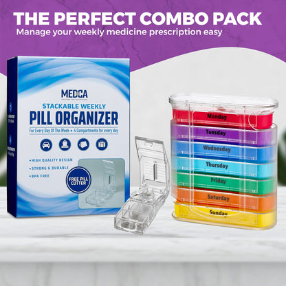 Weekly Pill Organizer with Pill Cutter - V-Grip Pill Splitter Stackable Pill Medicine, Vitamin Organizer with 4 Times-a-Day Daily Compartments, Pill Reminder with Stackable AM/PM Boxes