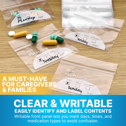 Pill Pouch Bags - (Pack of 200) 3" x 2.75" - BPA FREE, Poly Bag Disposable Zipper Pills Baggies, Daily AM PM Travel Medicine Organizer Storage Pouches, Best Clear Reusable with Write-on Labels