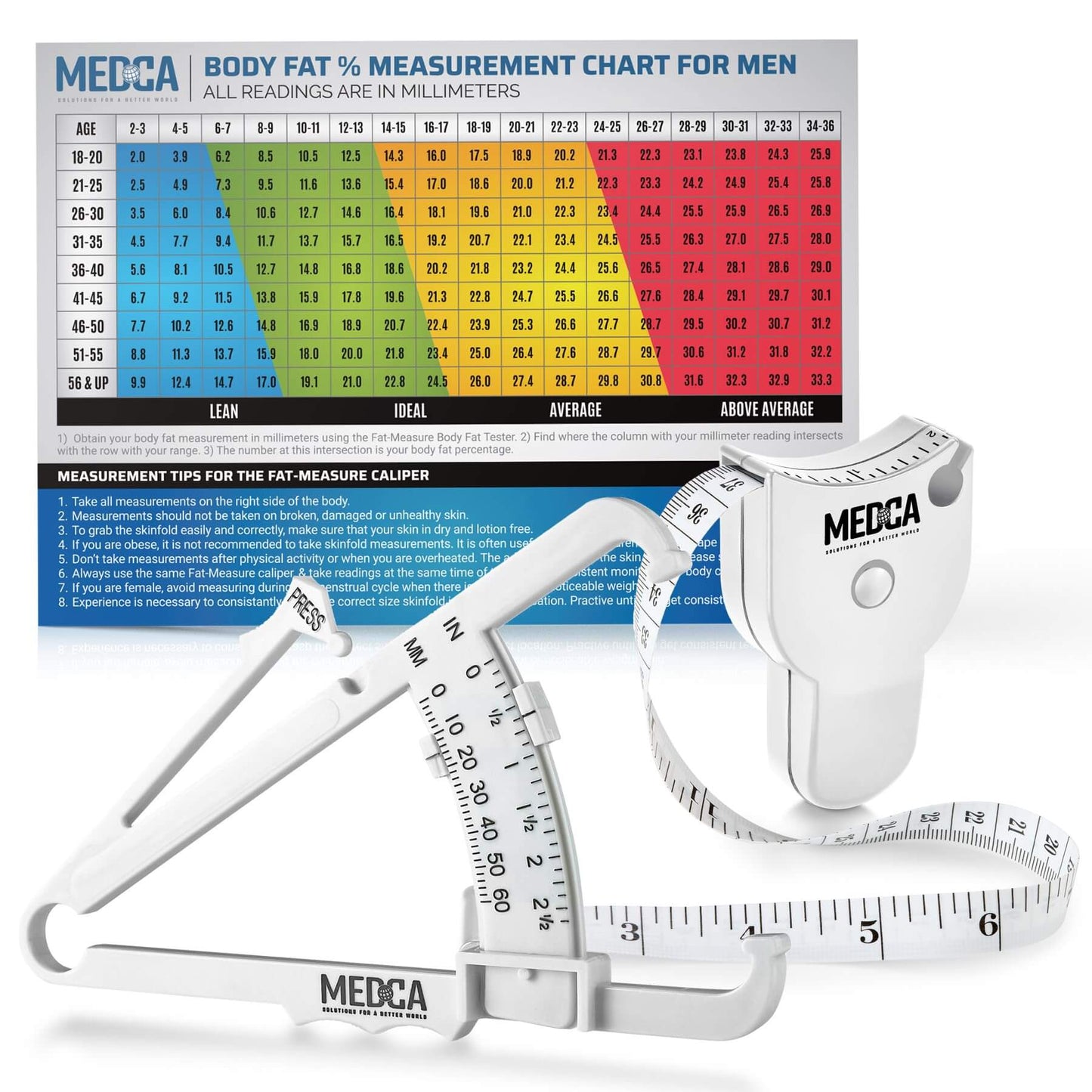 Body Fat Caliper and Measuring Tape for Body - Skinfold Calipers and Body Fat Tape Measure Tool for Accurately Measuring