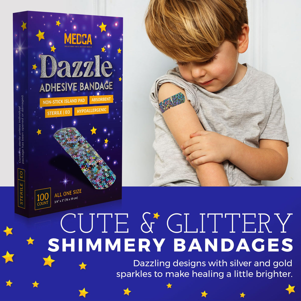 Glitter Bandages for Kids -(100 Count Box) Adhesive Bandage Strips w/ Colorful Glitter Design & Latex-Free Individually Wrapped Strips for First Aid, Wound Care, Minor Cuts, Scrapes