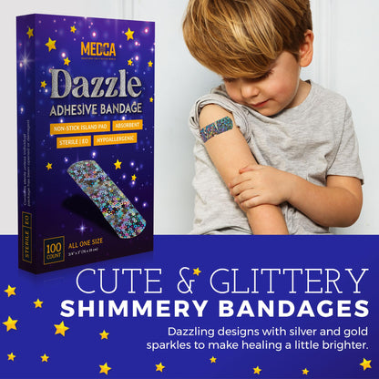 Glitter Bandages for Kids -(200 Count Box) Adhesive Bandage Strips w/Colorful Glitter Design & Latex-Free Individually Wrapped Strips for First Aid, Wound Care, Minor Cuts