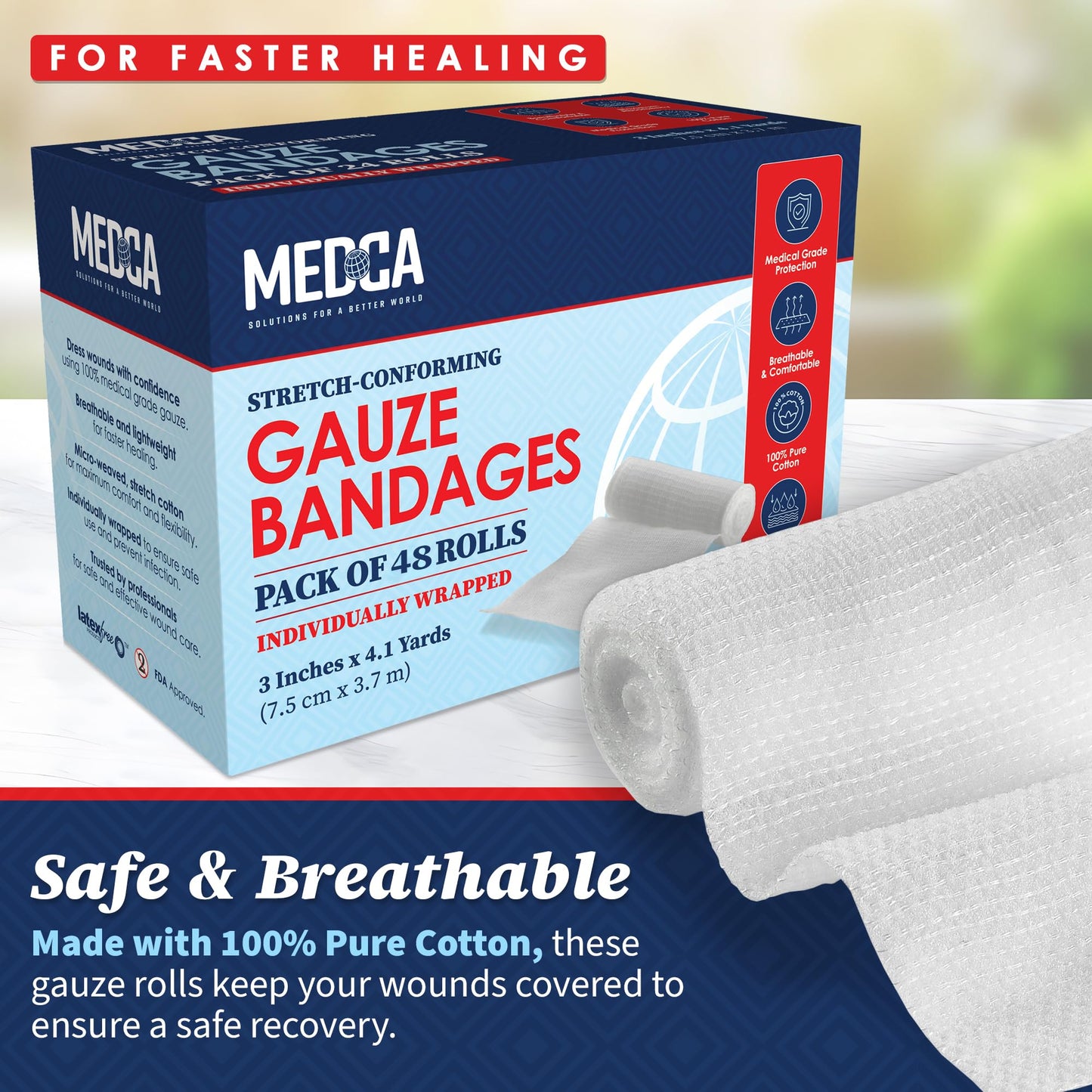 Gauze Bandage Rolls - (48 Pack) 3 in x 4.1 Yards Per Roll of Medical Grade Gauze Bandage and Stretch Bandage Wrapping for Dressing All Types of Wounds and First Aid Kit by, (3-Inch, 48 Pcs)
