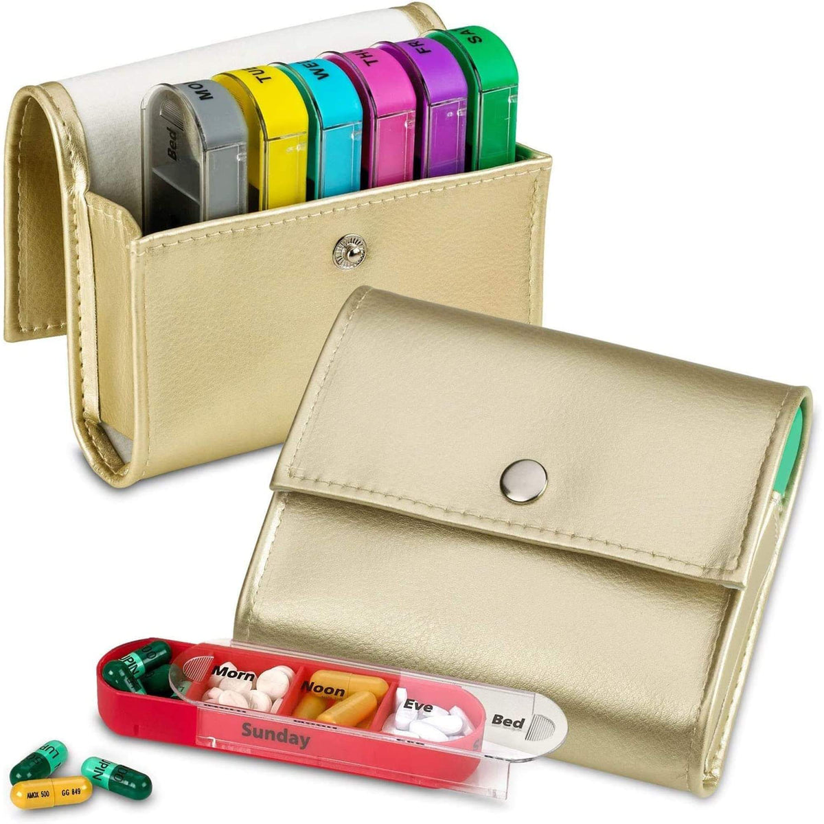 Weekly Travel Pill Organizer - (Pack of 2) Medication Wallet Pill Box Reminders, Pill Container Dispenser Case, Vitamin 