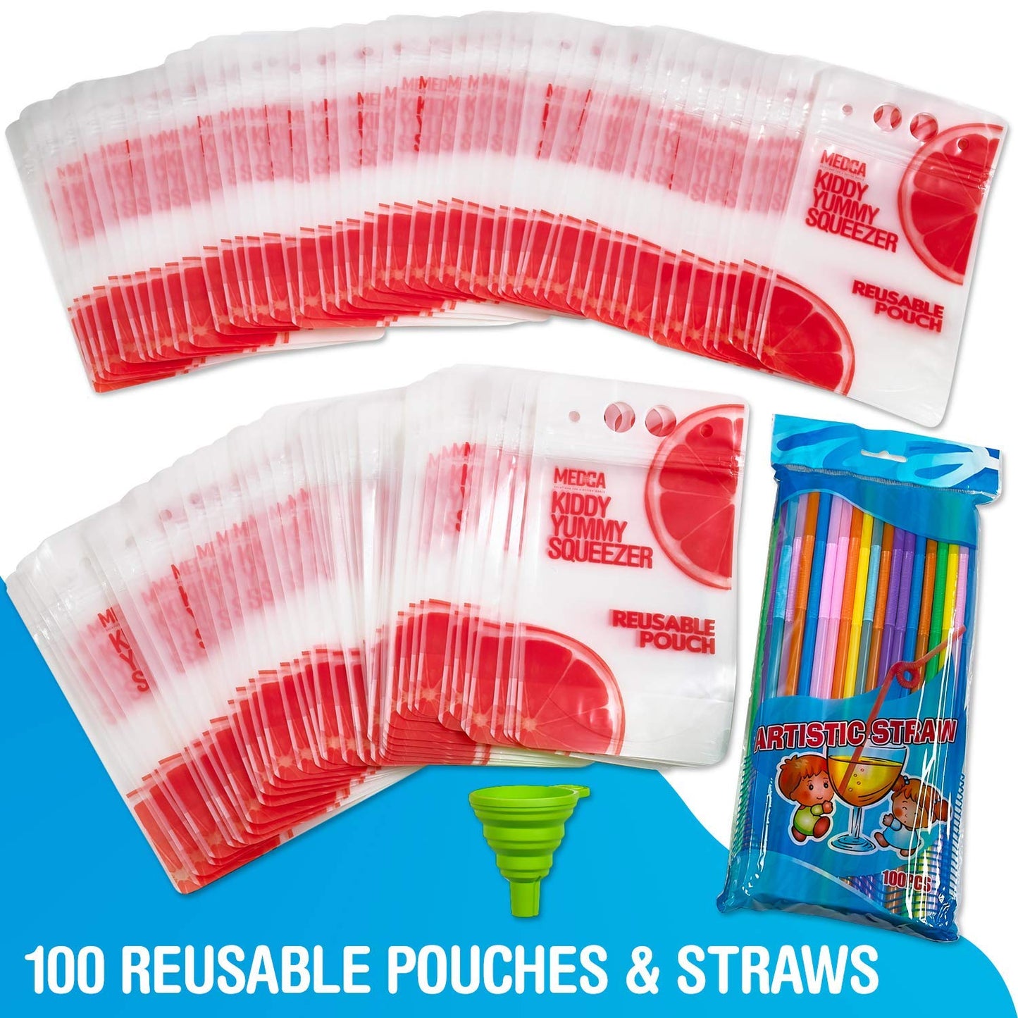 Reusable Drink Pouches - 50 Clear Drink Bags with 50 Straws - Double Zipper Reusable Smoothie Pouches Juice, Clear Zipper Pouch Storage Bags, Leak-Free and BPA Free