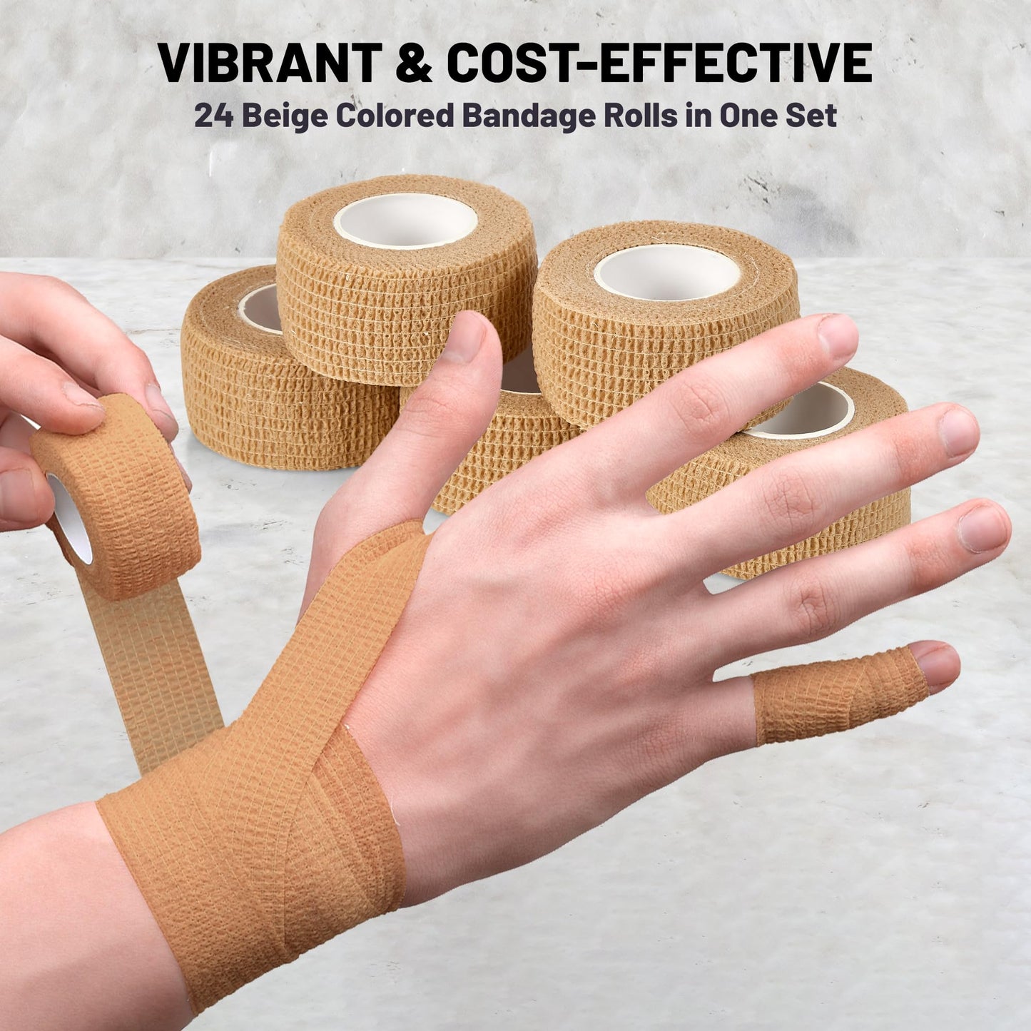 Self Adherent Cohesive Wrap Bandages 1 Inch X 5 Yards 24 Count with Strong Elastic First Aid Tape for Sprain Swelling and Soreness on Wrist and Ankle (Skin Color)