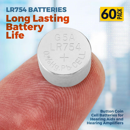AG5 LR754 Batteries - 60 Count Pack - 1.5V Alkaline 754 LR48 193 Battery Button Coin Cell Batteries