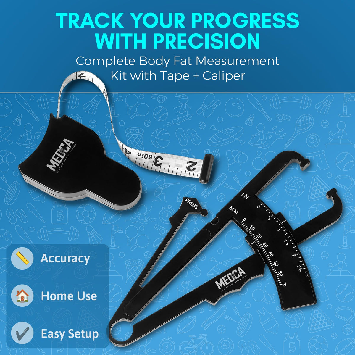 Body Tape Measure and Skinfold Caliper for Body Set - (Pack of 4) - Skin Fold Body Fat Analyzer and BMI Measurement Tool by