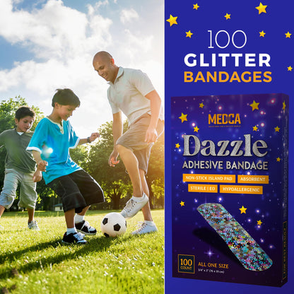 Glitter Bandages for Kids -(100 Count Box) Adhesive Bandage Strips w/ Colorful Glitter Design & Latex-Free Individually Wrapped Strips for First Aid, Wound Care, Minor Cuts, Scrapes