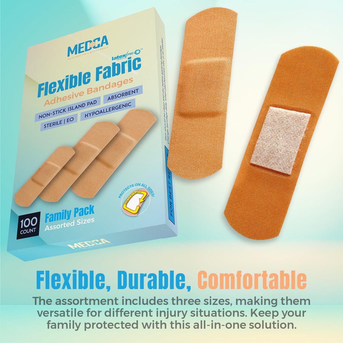 Flexible Fabric Adhesive Bandages for Comfortable Flexible Large Protection & Wound Care of Minor Cuts, Scrapes, & Wounds, Assorted Sizes (2-1/4"x5/8", 3"x3/4", 3"x1") - 100 Count Box