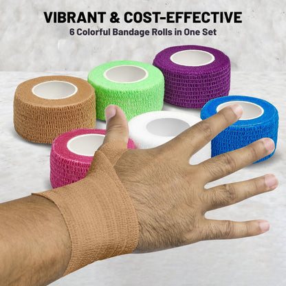 Self Adherent Cohesive Wrap Bandages - (Pack of 6 Rolls) 1 Inch X 5 Yards with Strong Elastic and Colorful First Aid Tape for Sprain Swelling and Soreness on Wrist and Ankle (Rainbow Color)