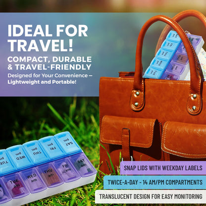 Pill Organizers - Small Pill Organizer with Weekly and Daily 2-Times-A-Day Compartments for AM / PM - BPA-Free, Portable and Travel Friendly Pill Boxes Case
