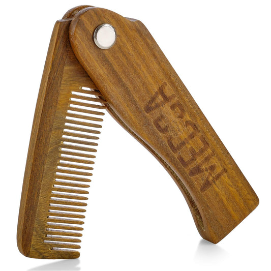 Folding Wooden Comb - 100% Solid Beech Wood - Fine Tooth Pocket Sized Beard, Mustache, Head Hair Brush Combs for Men Wit