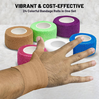 Self Adherent Cohesive Wrap Bandages 1 Inch X 5 Yards 24 Count with Strong Elastic and Colorful First Aid Tape for Sprain Swelling and Soreness on Wrist and Ankle (Rainbow Color)