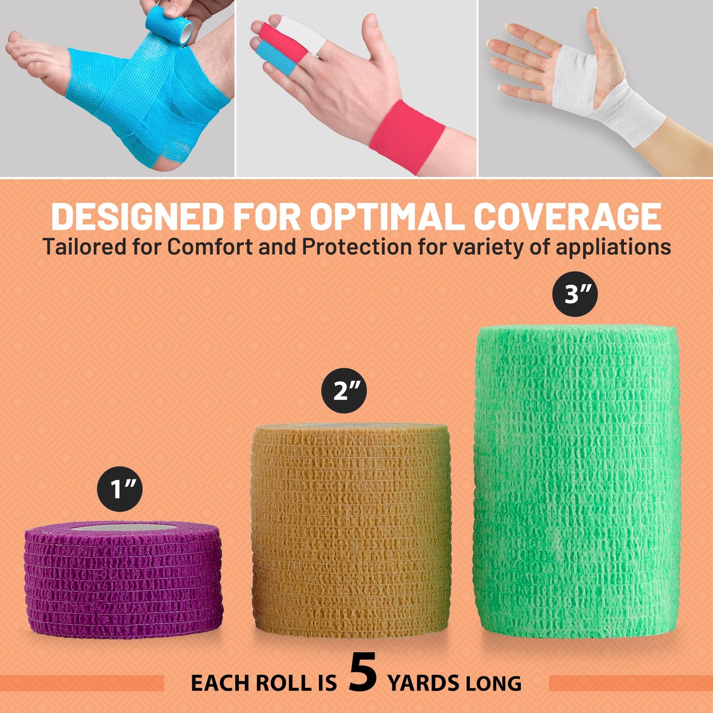 Self Adherent Cohesive Tape - (6 Count) 1" 2" 3" x 5 Yards Combo Pack, Self Adhesive Bandage Rolls & Sports Athletic Wrap for Ankle, Wrist, Sprains and Swelling, Vet Wraps in Neon Colors