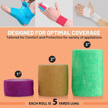 Self Adherent Cohesive Tape - (6 Count) 1" 2" 3" x 5 Yards Combo Pack, Self Adhesive Bandage Rolls & Sports Athletic Wrap for Ankle, Wrist, Sprains and Swelling, Vet Wraps in Neon Colors