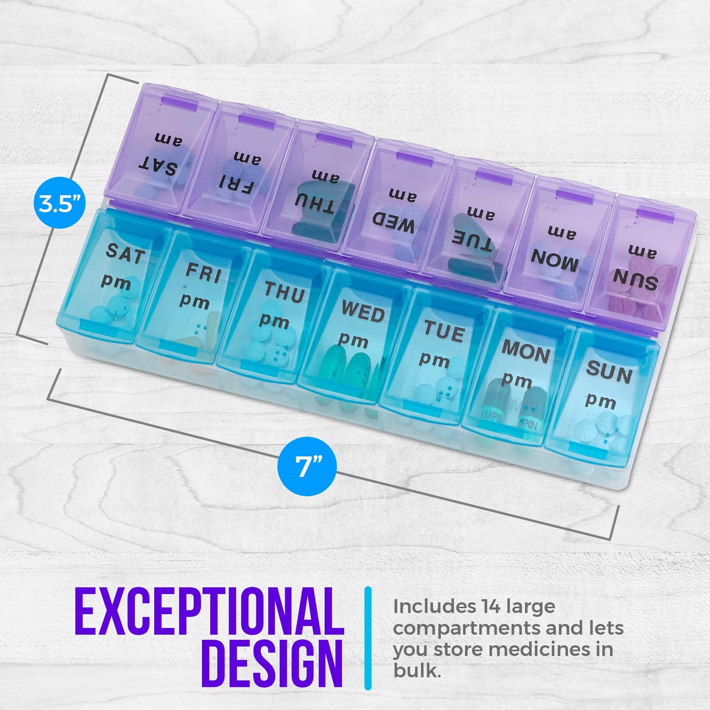 Weekly Pill Organizer, Twice-a-Day, 1 Pill Organizer