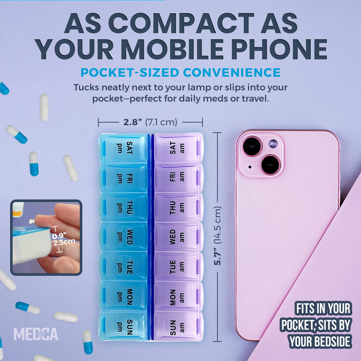 Pill Organizers - Small Pill Organizer with Weekly and Daily 2-Times-A-Day Compartments for AM / PM - BPA-Free, Portable and Travel Friendly Pill Boxes Case