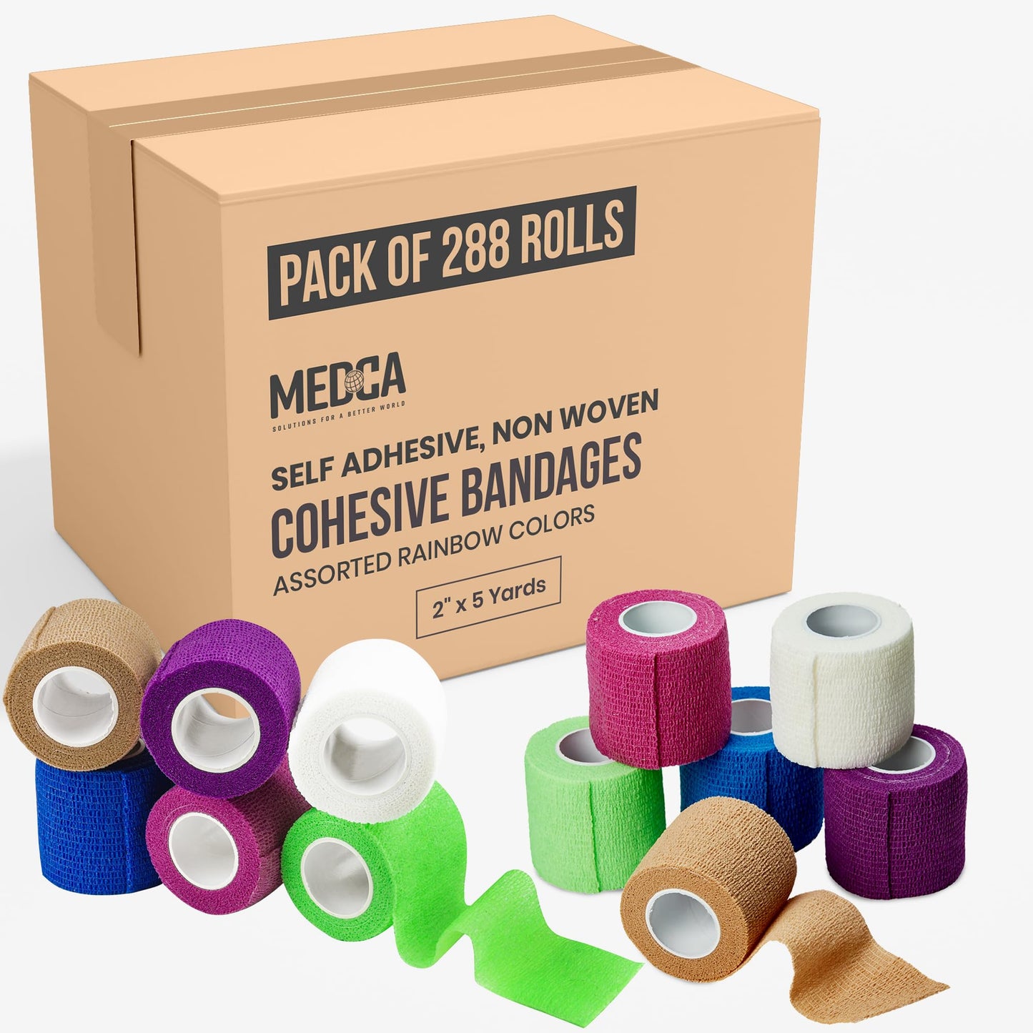 Self Adherent Cohesive Wrap Bandages 2 Inches X 5 Yards 288 Count Bulk, (Rainbow Color)